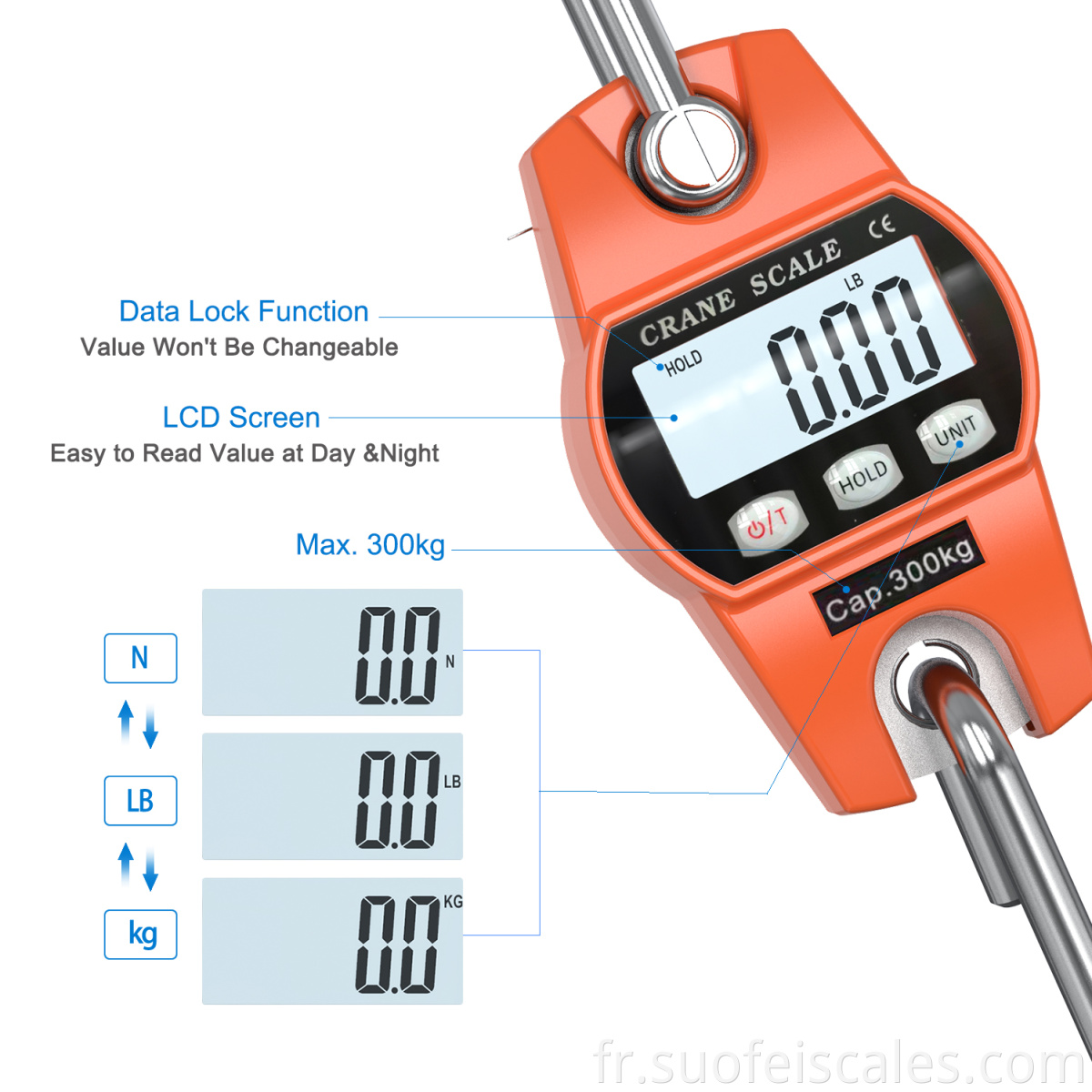 SF-916 OCS Mini Industrial Digital Crane Electronic Balance 300kg Scale de suspension Scale de grue à crochet